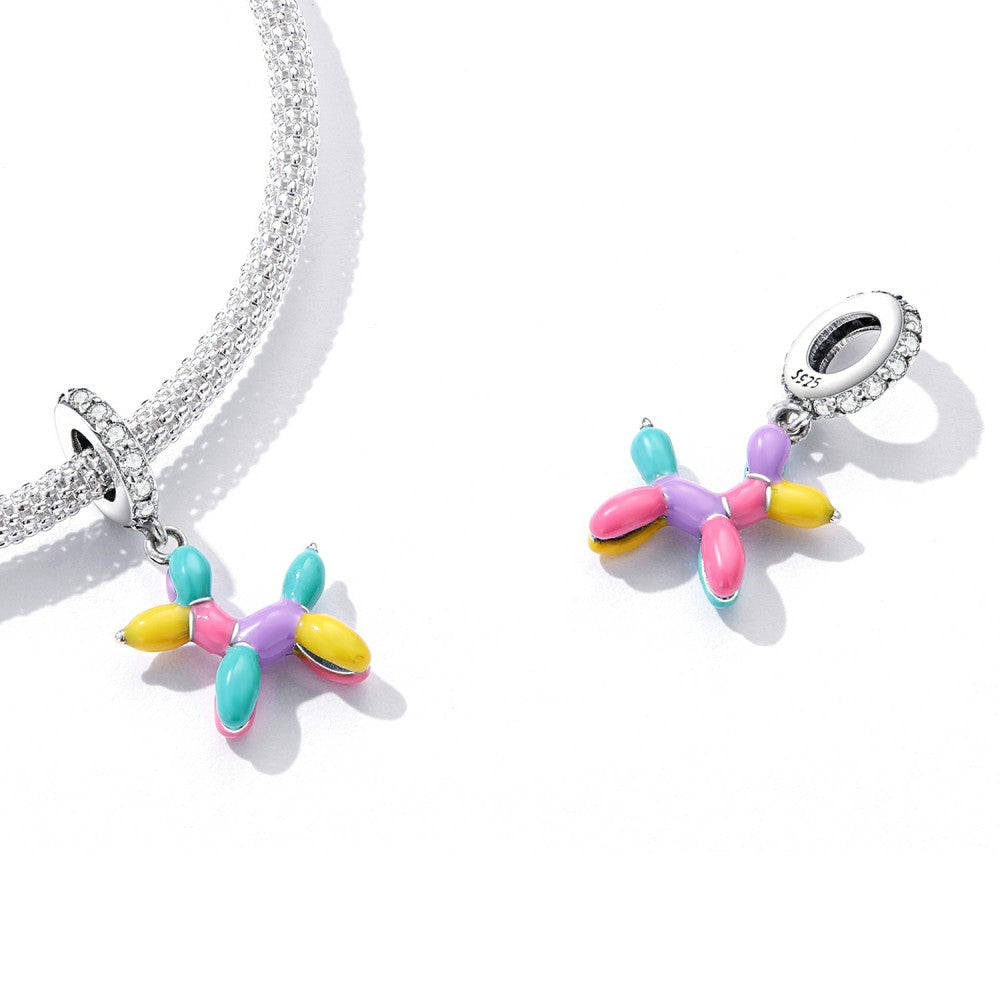 Colorful Balloon Puppy Dangle Charm Silver