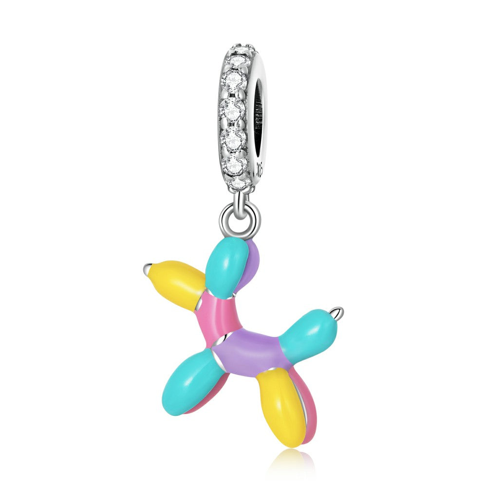 Colorful Balloon Puppy Dangle Charm Silver