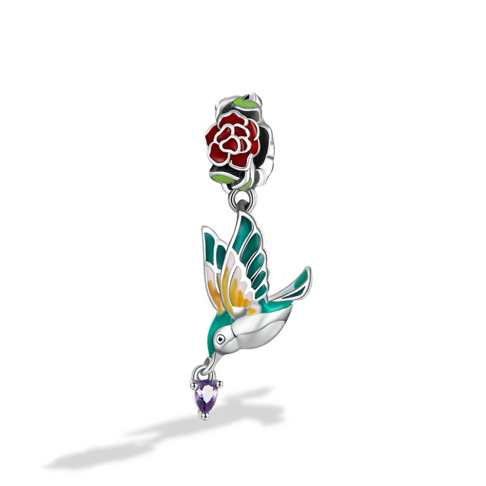 Flower and Bird Dangle Charm Silver