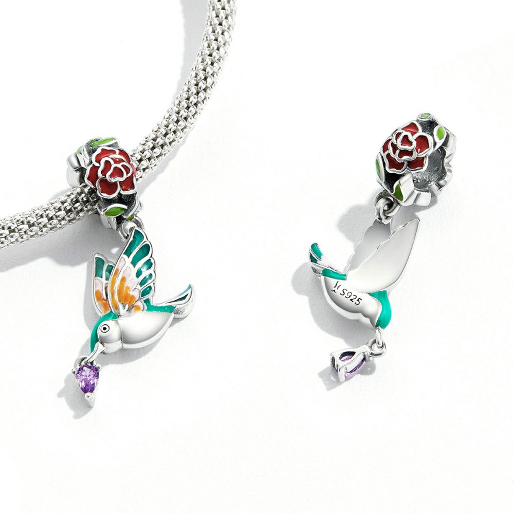 Flower and Bird Dangle Charm Silver