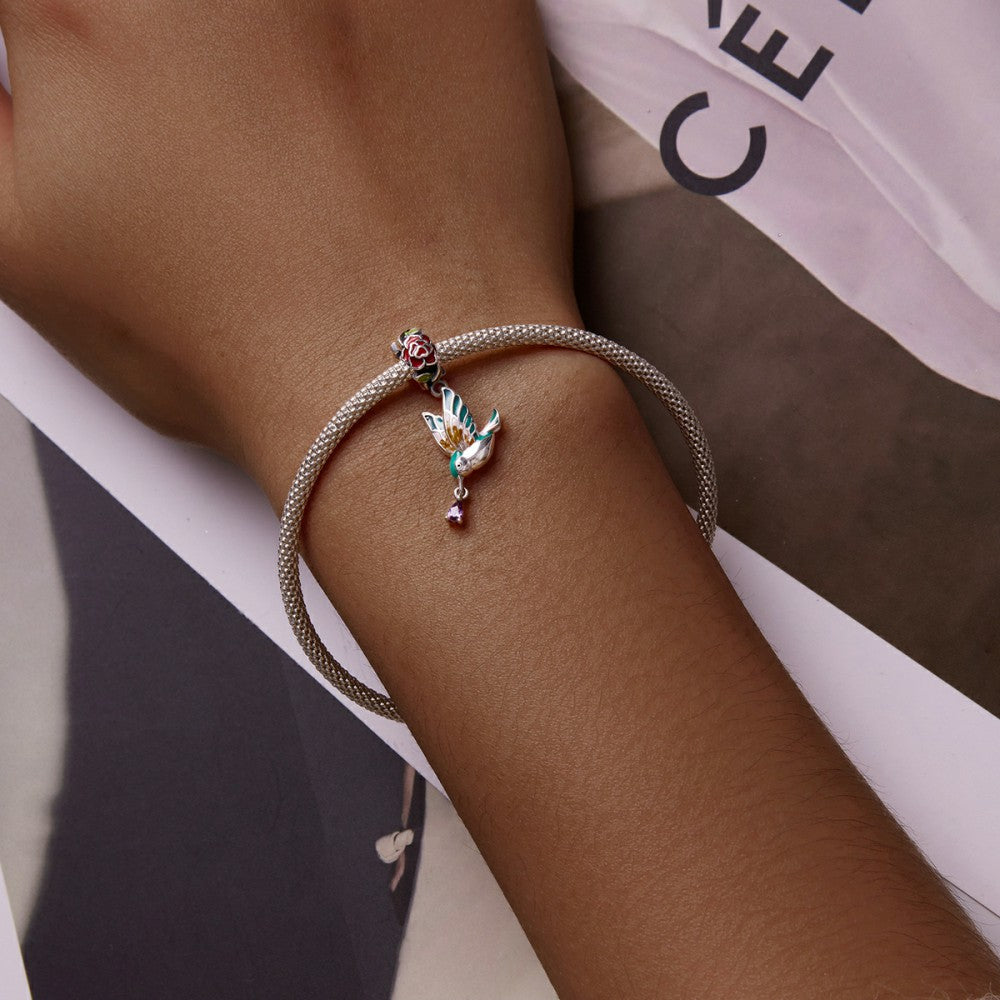 Flower and Bird Dangle Charm Silver
