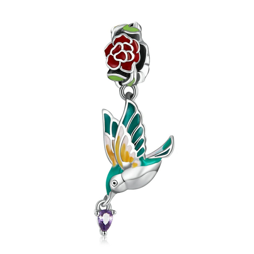 Flower and Bird Dangle Charm Silver