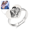 Heart Photo Engraved Ring with Engraving Platinum Plated Silver