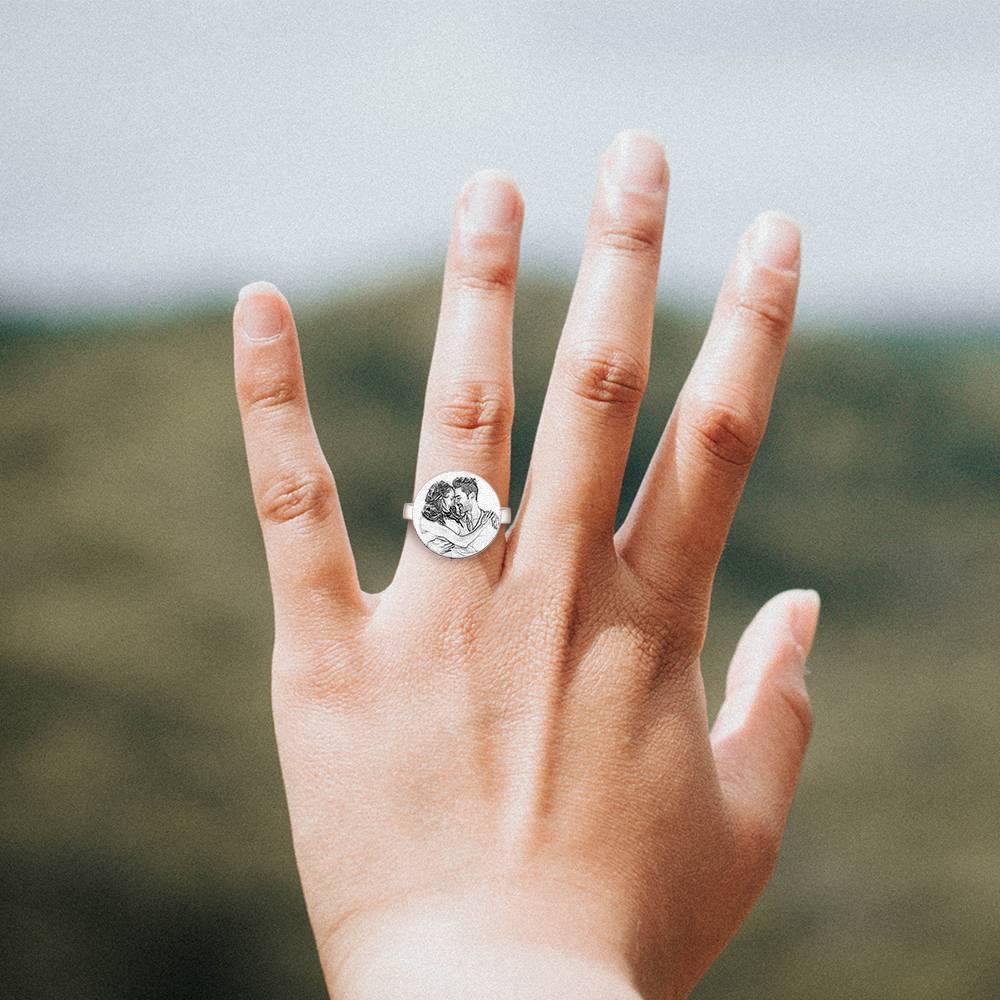 Photo Ring with Engraving Platinum Plated Silver Round-shaped, Girlfriend Gift