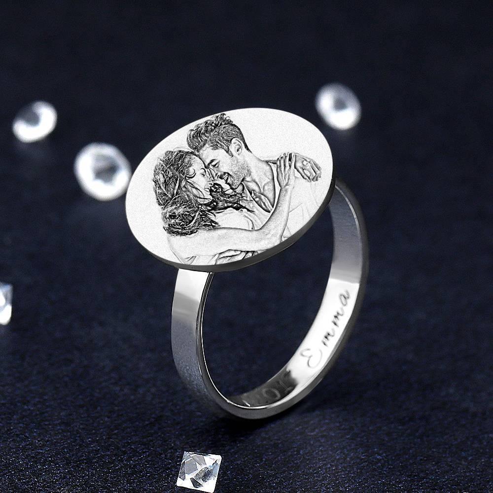 Photo Ring with Engraving Platinum Plated Silver Round-shaped, Girlfriend Gift