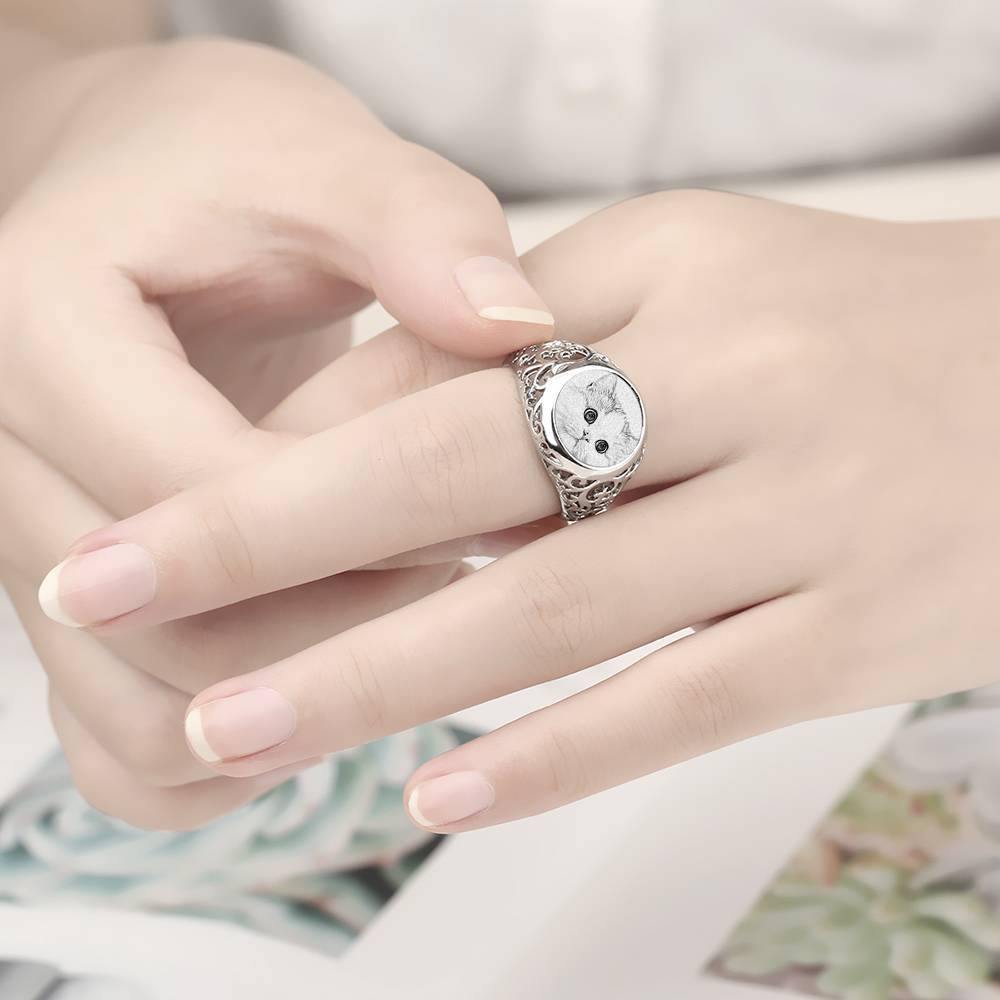 Photo Engraved Ring Oval-shaped, Keepsake Gift Platinum Plated Silver