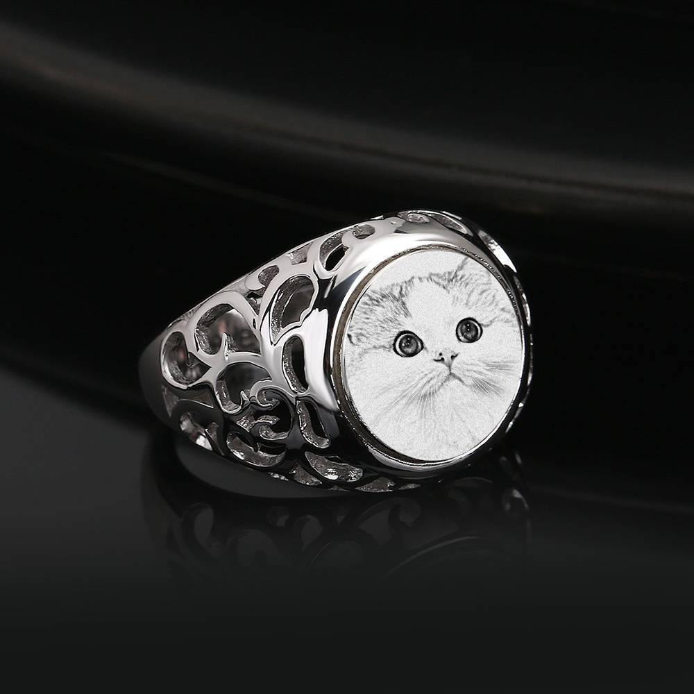 Photo Engraved Ring Oval-shaped, Keepsake Gift Platinum Plated Silver