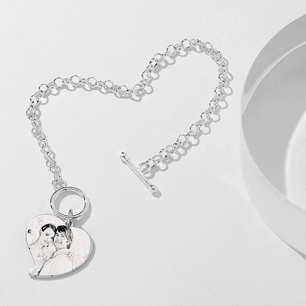 Women's Heart Photo Engraved Tag Bracelet with Engraving Silver