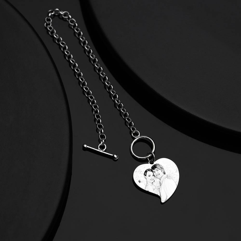 Women's Heart Photo Engraved Tag Bracelet with Engraving Silver