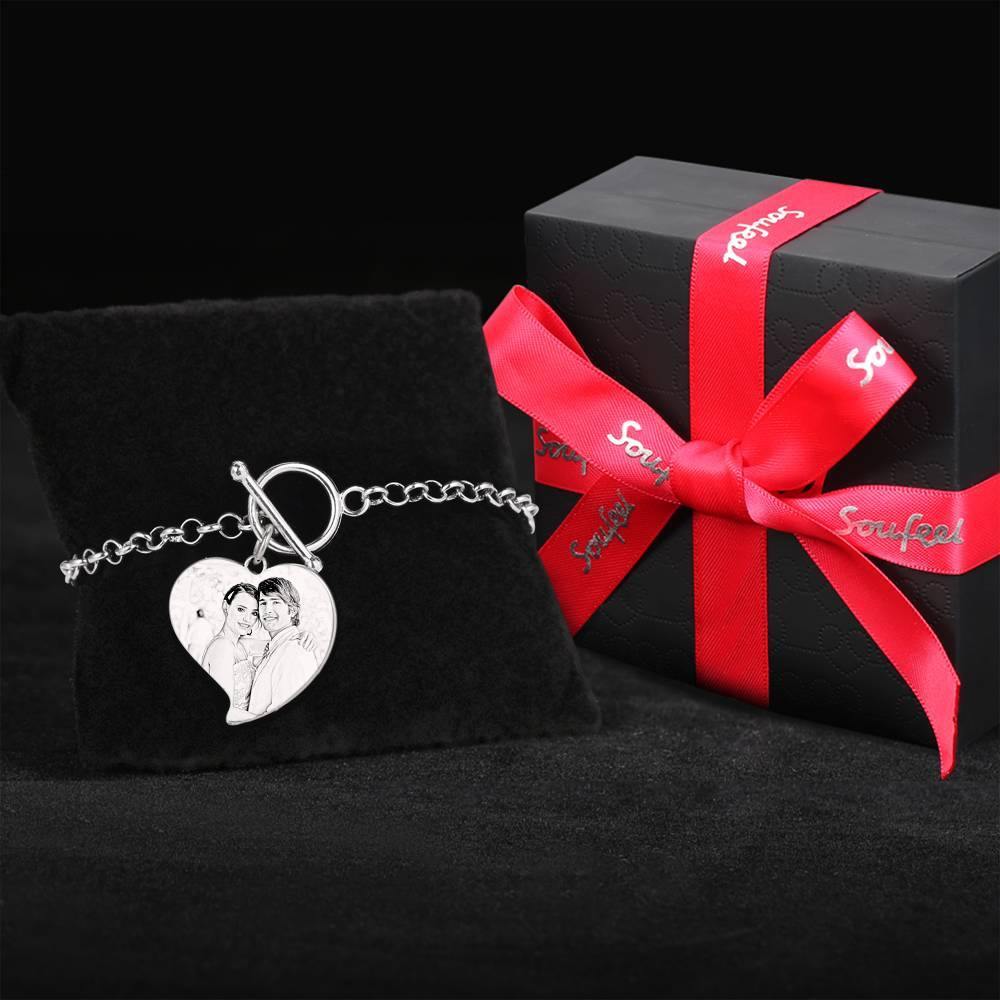 Women's Heart Photo Engraved Tag Bracelet with Engraving Silver