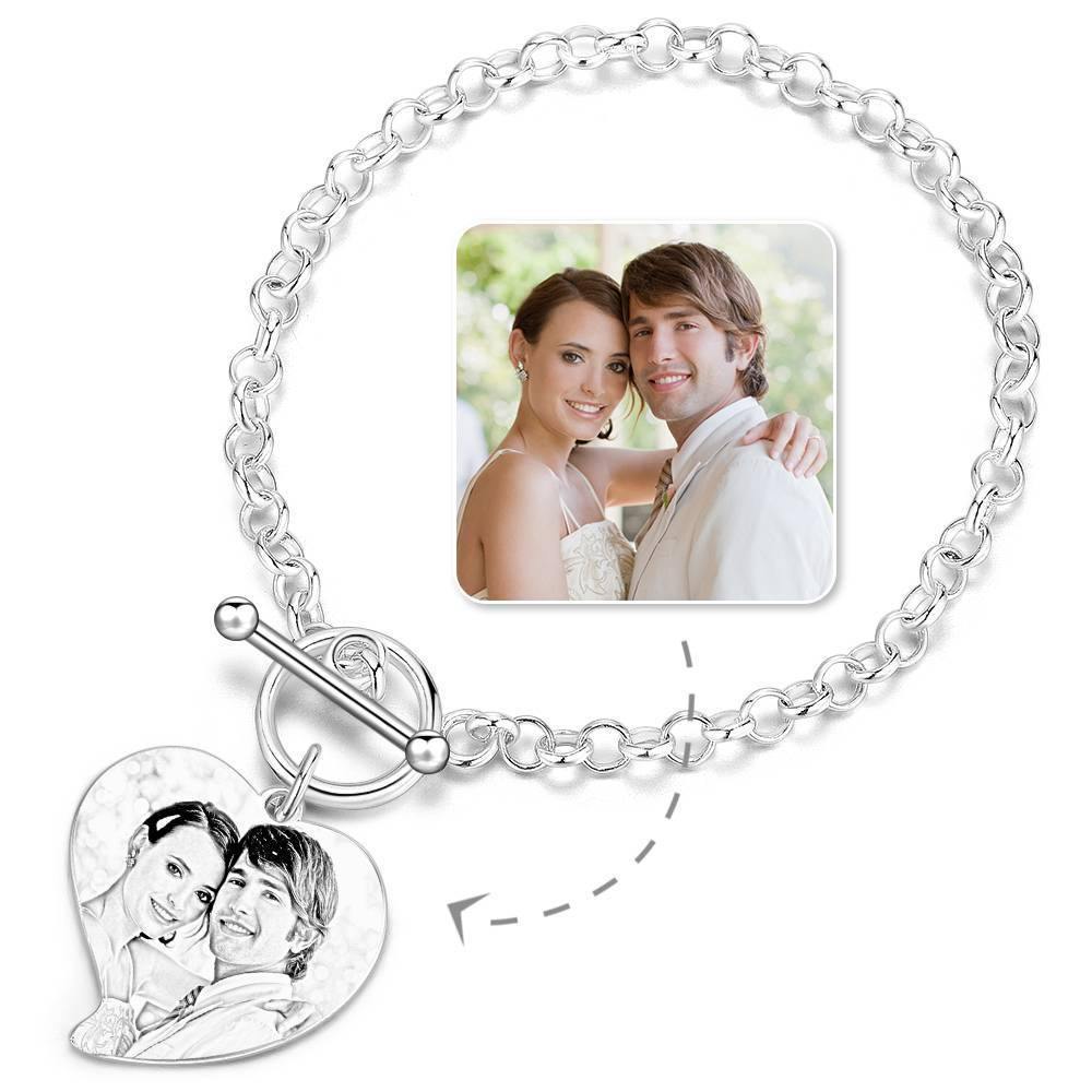 Women's Heart Photo Engraved Tag Bracelet with Engraving Silver