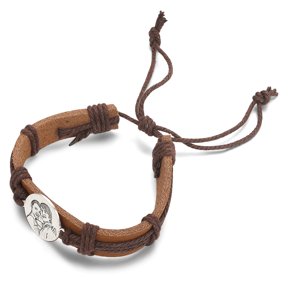 Men's Leather Bracelet Men's Round Photo Engraved Tag Bracelet Brown Leather Strap