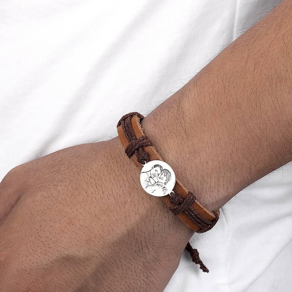 Men's Leather Bracelet Men's Round Photo Engraved Tag Bracelet Brown Leather Strap