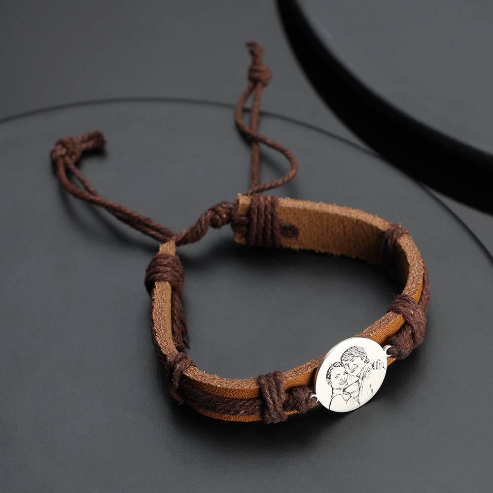 Men's Leather Bracelet Men's Round Photo Engraved Tag Bracelet Brown Leather Strap