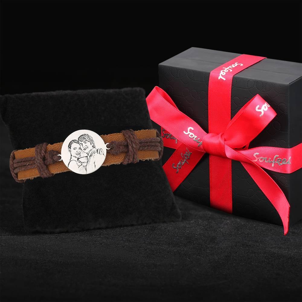 Men's Leather Bracelet Men's Round Photo Engraved Tag Bracelet Brown Leather Strap