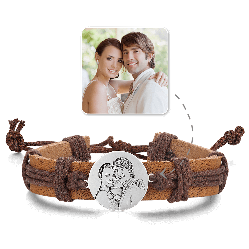 Men's Leather Bracelet Men's Round Photo Engraved Tag Bracelet Brown Leather Strap