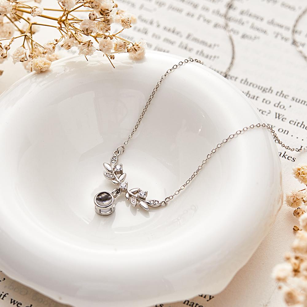 Laurel Leaf Projection Necklace Personalized Picture Inside Pendant Sterling Silver Keepsake Jewelry