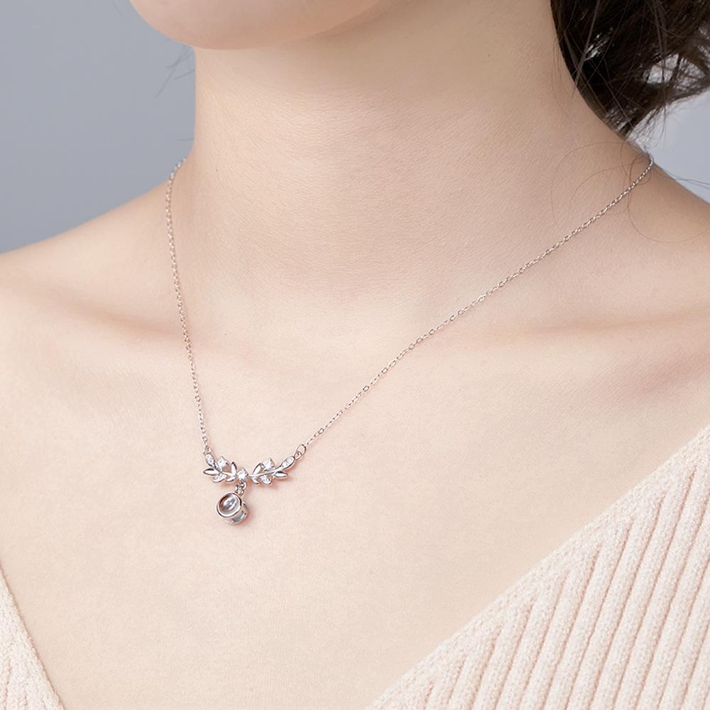 Laurel Leaf Projection Necklace Personalized Picture Inside Pendant Sterling Silver Keepsake Jewelry