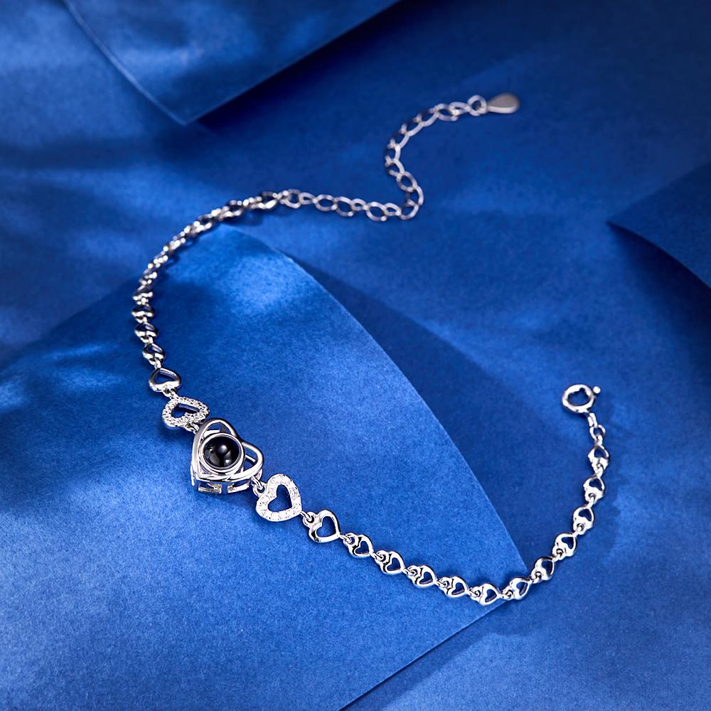Custom Photo Projection Heart Link Bracelet Personalized Bracelet S925 Silver Picture Bracelet Personalized Photo Memorial Bracelet