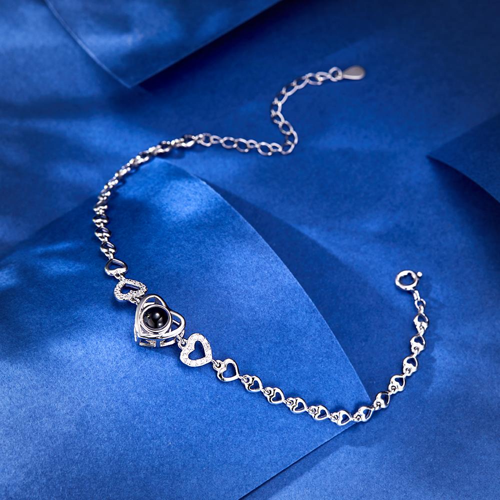 Custom Photo Projection Heart Link Bracelet Personalized Bracelet S925 Silver Picture Bracelet Personalized Photo Memorial Bracelet