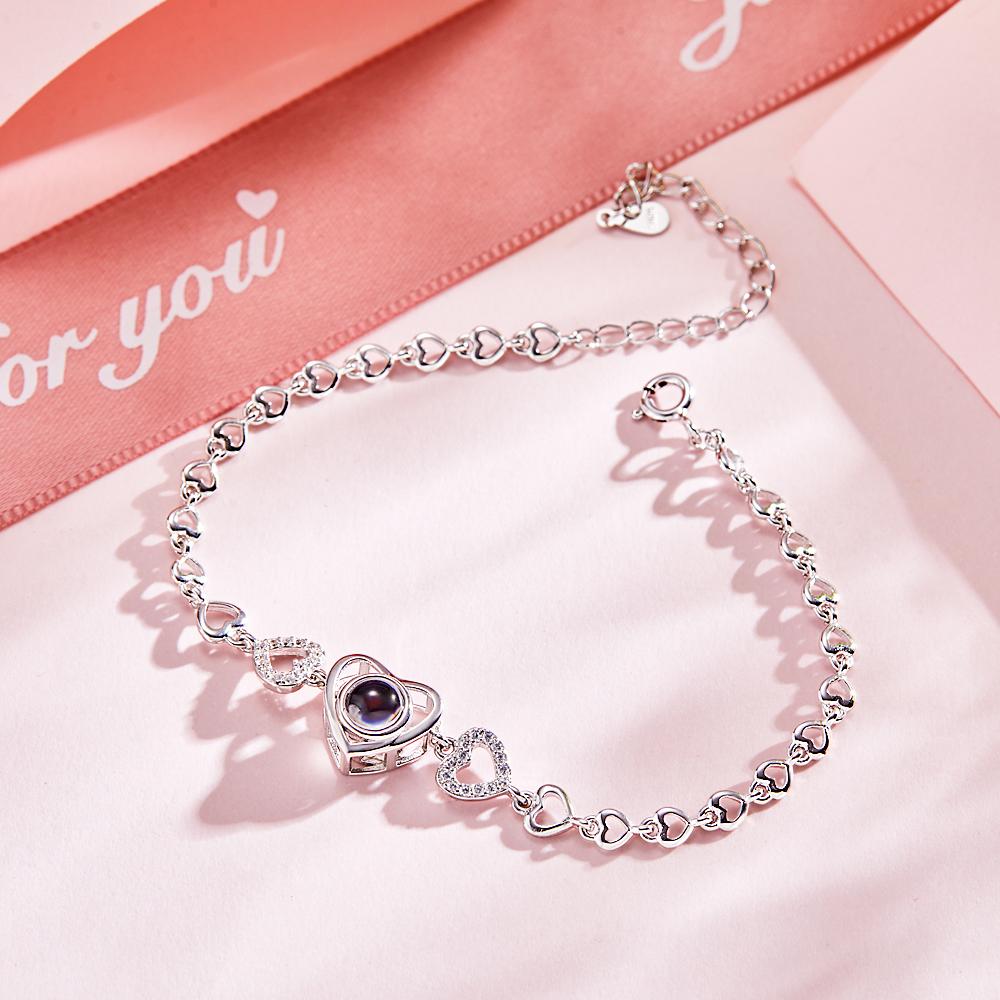 Custom Photo Projection Heart Link Bracelet Personalized Bracelet S925 Silver Picture Bracelet Personalized Photo Memorial Bracelet
