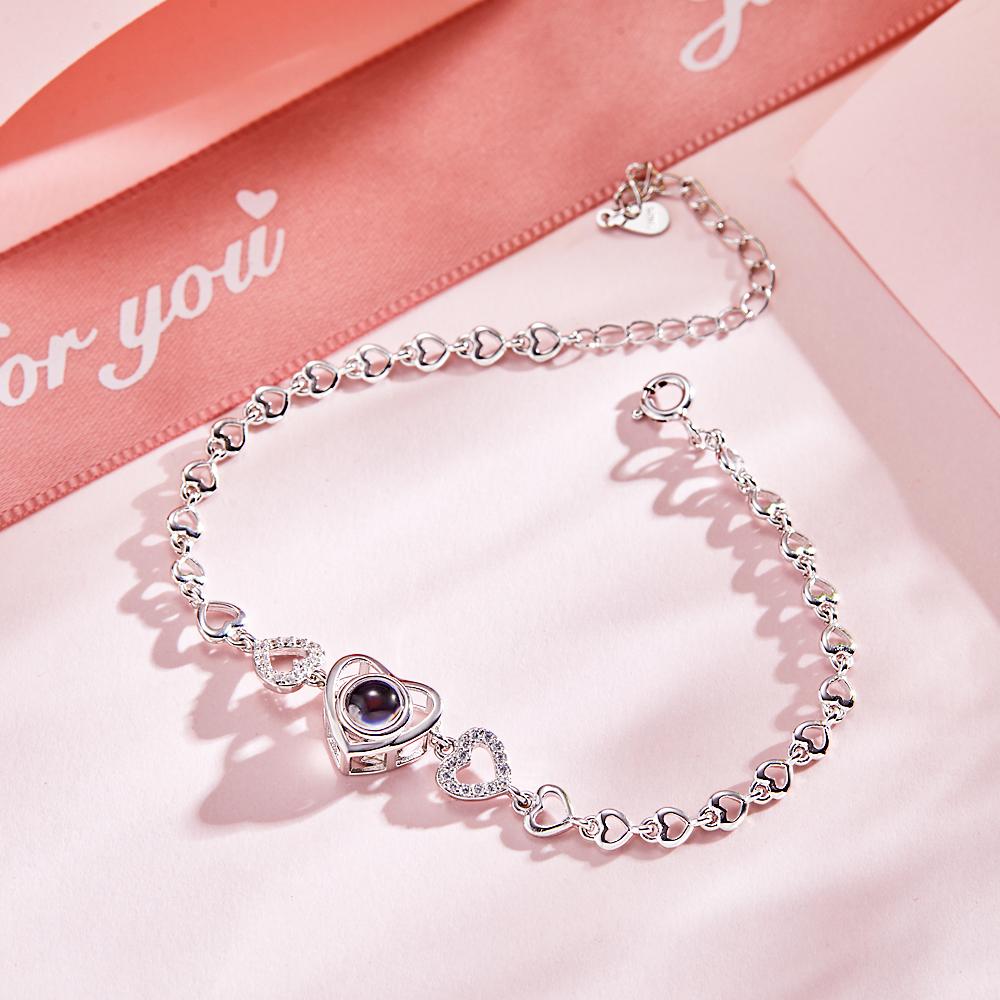 Custom Photo Projection Heart Link Bracelet Personalized Bracelet S925 Silver Picture Bracelet Personalized Photo Memorial Bracelet