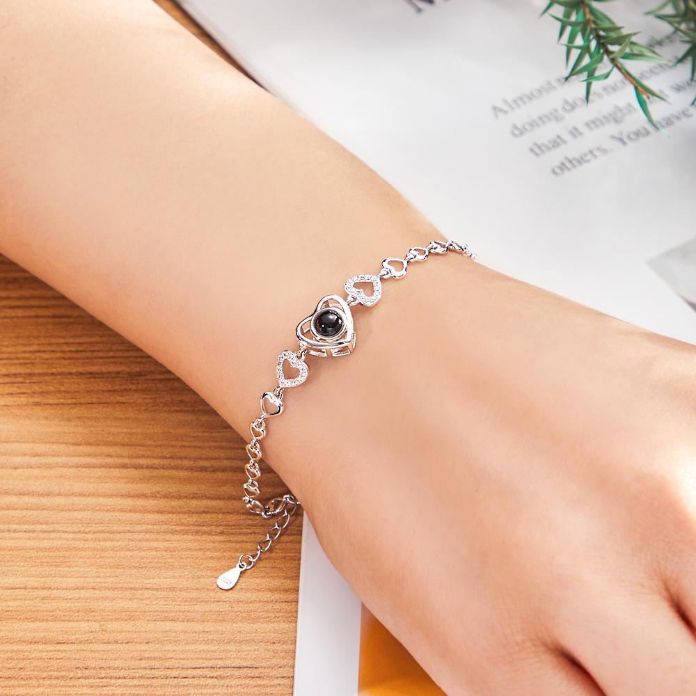 Custom Photo Projection Heart Link Bracelet Personalized Bracelet S925 Silver Picture Bracelet Personalized Photo Memorial Bracelet