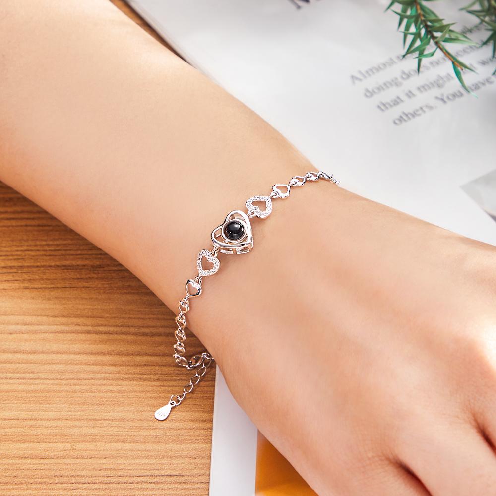 Custom Photo Projection Heart Link Bracelet Personalized Bracelet S925 Silver Picture Bracelet Personalized Photo Memorial Bracelet