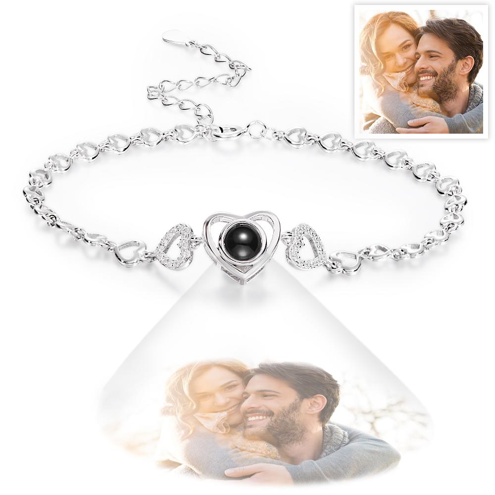 Custom Photo Projection Heart Link Bracelet Personalized Bracelet S925 Silver Picture Bracelet Personalized Photo Memorial Bracelet