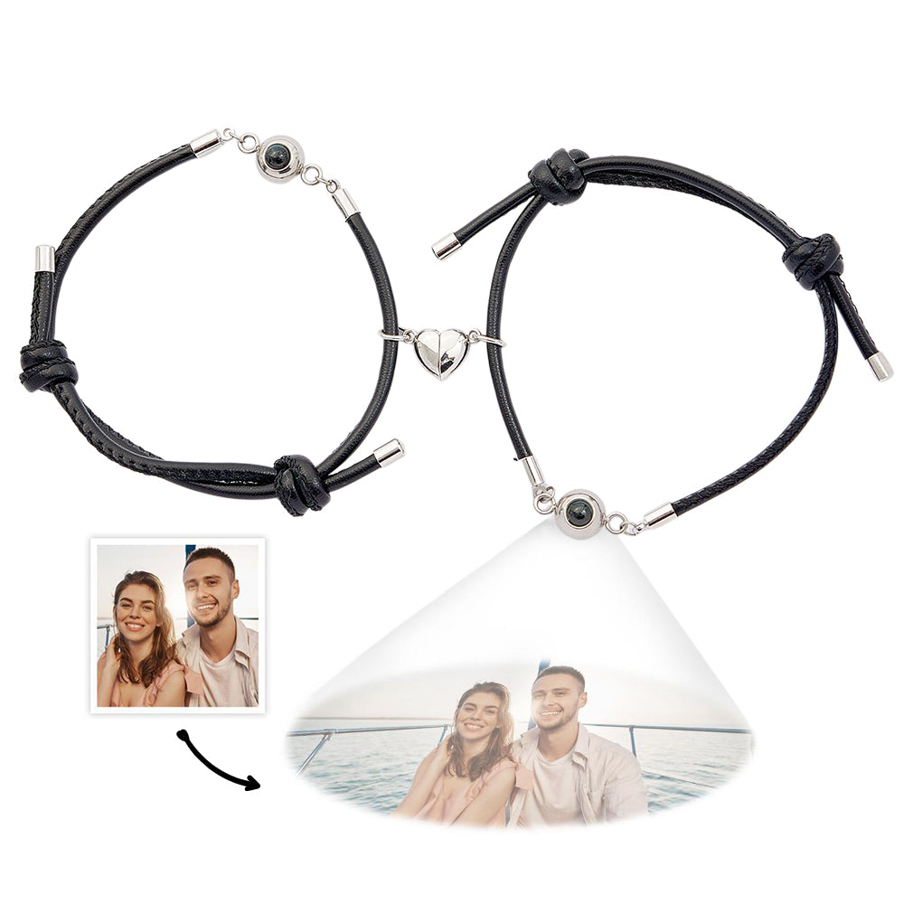Custom Photo Projection Bracelet Leather Heart Magnetic Bracelet Gift for Couple