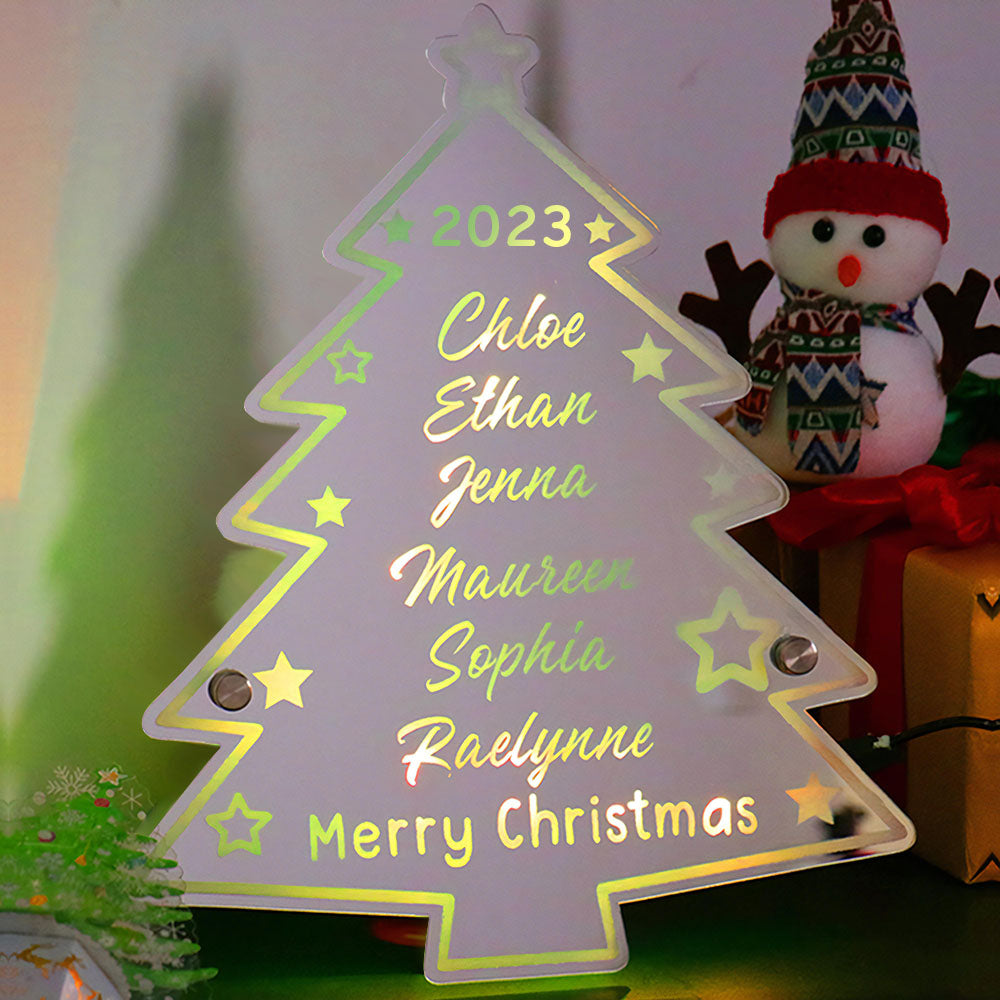 Personalized Family Name Christmas Tree Mirror Light Neon Sign With LED Lights Custom Text Multicolor Glow Wall Decor