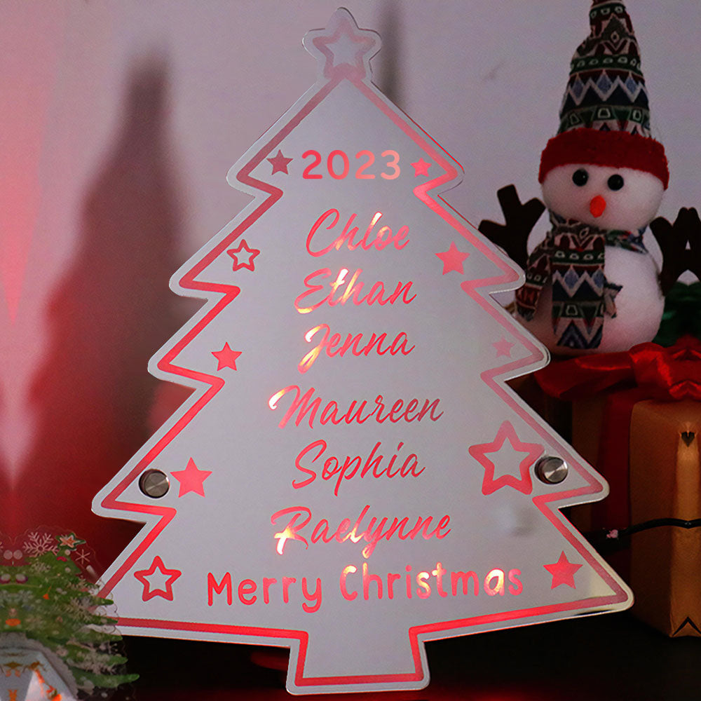 Personalized Family Name Christmas Tree Mirror Light Neon Sign With LED Lights Custom Text Multicolor Glow Wall Decor