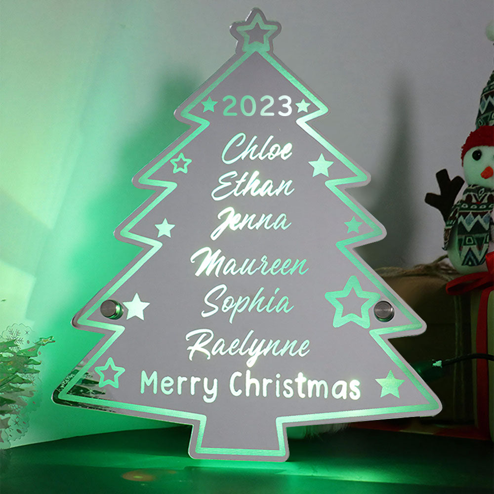 Personalized Family Name Christmas Tree Mirror Light Neon Sign With LED Lights Custom Text Multicolor Glow Wall Decor