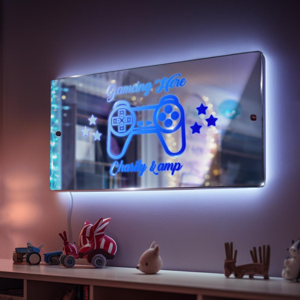 Personalised Name Mirror Sign Custom LED illuminated Light-Up Gameing Room Sign Gift For Boys