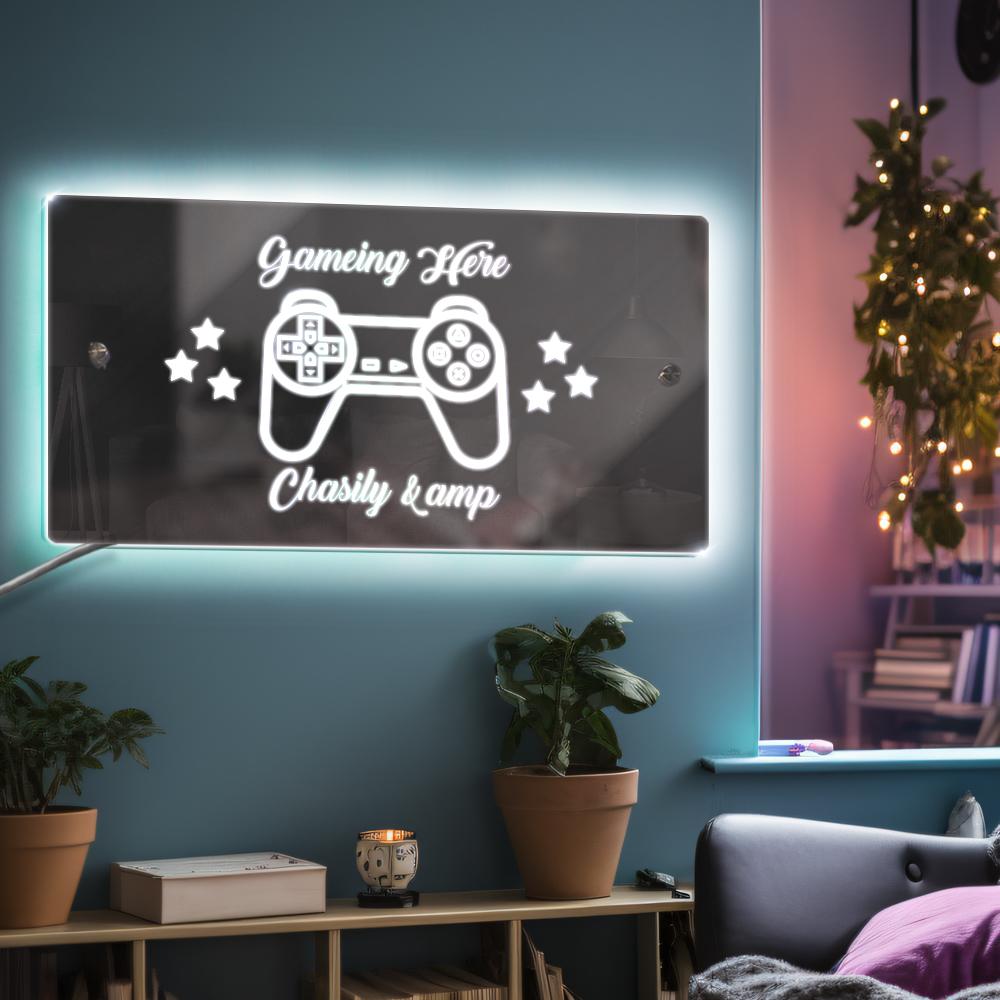 Personalised Name Mirror Sign Custom LED illuminated Light-Up Gameing Room Sign Gift For Boys