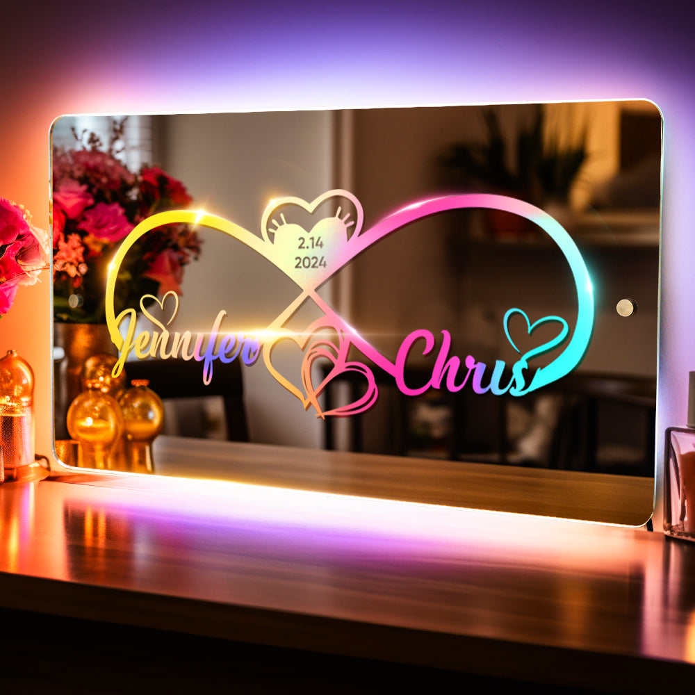 Personalized Engraved Infinity Heart Mirror Light Bedroom Sign Custom Mirror Neon Signs Wall Decor, Custom Name Sign for Bedroom,Valentine's Day Couple Gift