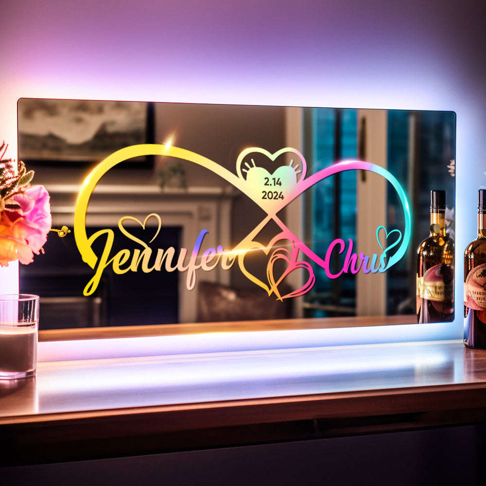 Personalized Engraved Infinity Heart Mirror Light Bedroom Sign Custom Mirror Neon Signs Wall Decor, Custom Name Sign for Bedroom,Valentine's Day Couple Gift