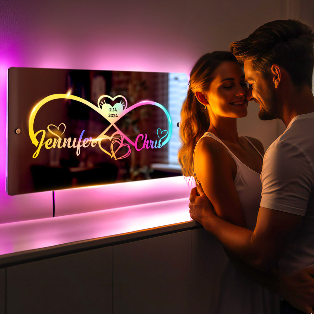 Personalized Engraved Infinity Heart Mirror Light Bedroom Sign Custom Mirror Neon Signs Wall Decor, Custom Name Sign for Bedroom,Valentine's Day Couple Gift