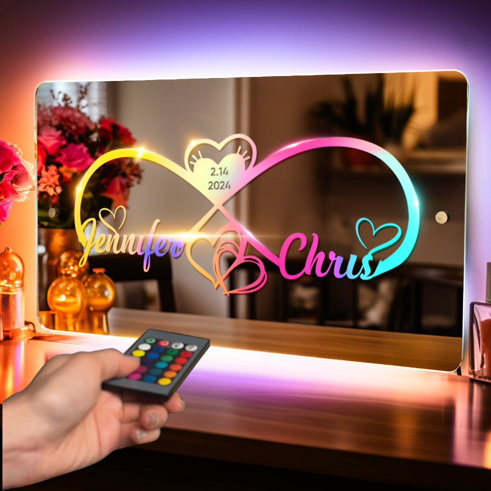Personalized Engraved Infinity Heart Mirror Light Bedroom Sign Custom Mirror Neon Signs Wall Decor, Custom Name Sign for Bedroom,Valentine's Day Couple Gift