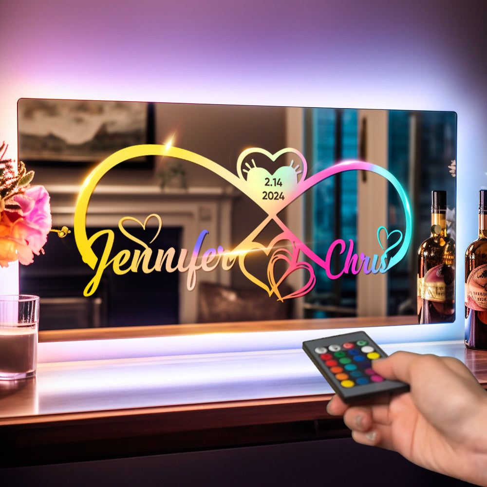 Personalized Engraved Infinity Heart Mirror Light Bedroom Sign Custom Mirror Neon Signs Wall Decor, Custom Name Sign for Bedroom,Valentine's Day Couple Gift