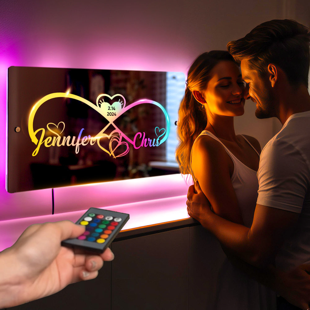 Personalized Engraved Infinity Heart Mirror Light Bedroom Sign Custom Mirror Neon Signs Wall Decor, Custom Name Sign for Bedroom,Valentine's Day Couple Gift