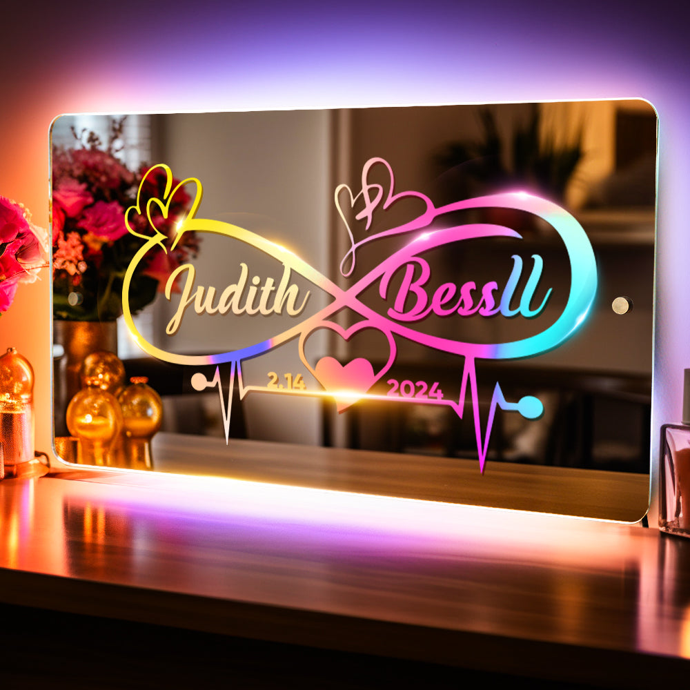 Personalized Name Mirror Light Infinity Heart Couple Gift Custom Mirror Neon Signs Wall Decor, Custom Name Sign for Bedroom Valentine's Day Gift