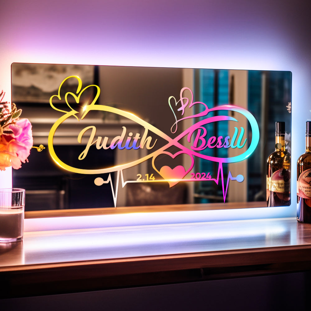 Personalized Name Mirror Light Infinity Heart Couple Gift Custom Mirror Neon Signs Wall Decor, Custom Name Sign for Bedroom Valentine's Day Gift