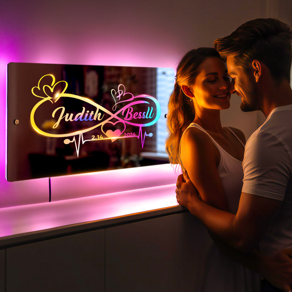 Personalized Name Mirror Light Infinity Heart Couple Gift Custom Mirror Neon Signs Wall Decor, Custom Name Sign for Bedroom Valentine's Day Gift