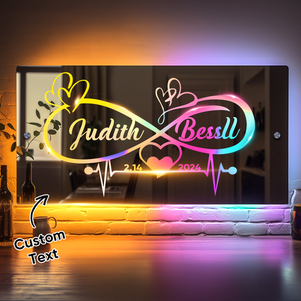 Personalized Name Mirror Light Infinity Heart Couple Gift Custom Mirror Neon Signs Wall Decor, Custom Name Sign for Bedroom Valentine's Day Gift