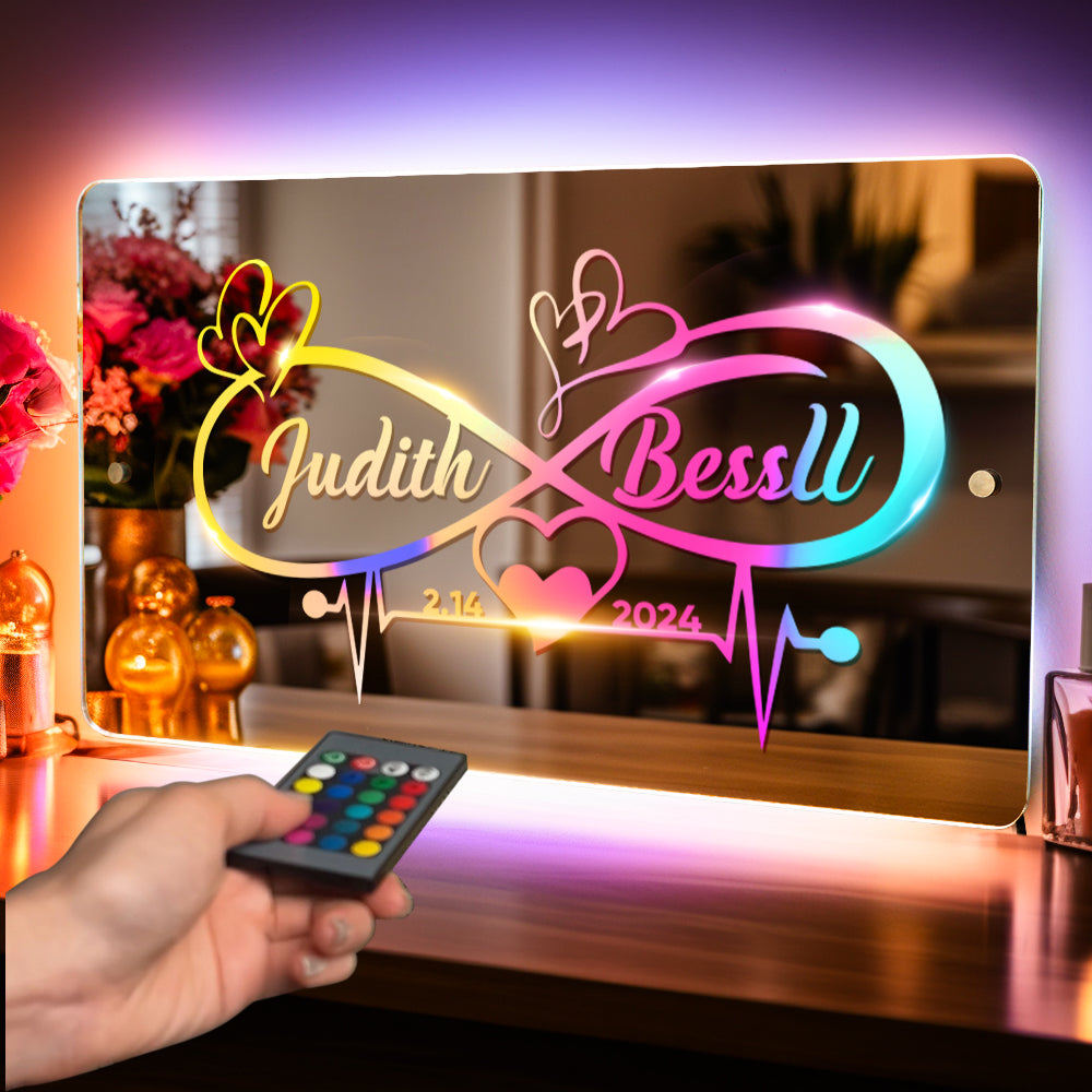 Personalized Name Mirror Light Infinity Heart Couple Gift Custom Mirror Neon Signs Wall Decor, Custom Name Sign for Bedroom Valentine's Day Gift