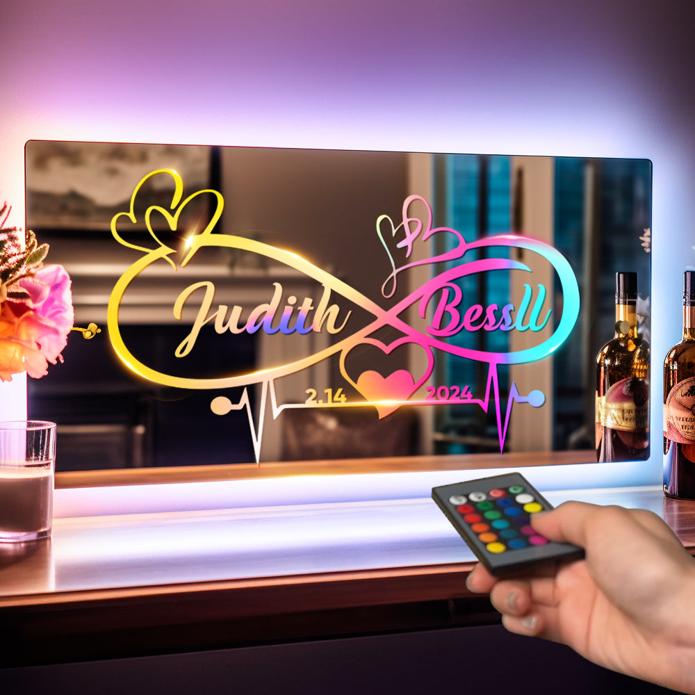 Personalized Name Mirror Light Infinity Heart Couple Gift Custom Mirror Neon Signs Wall Decor, Custom Name Sign for Bedroom Valentine's Day Gift
