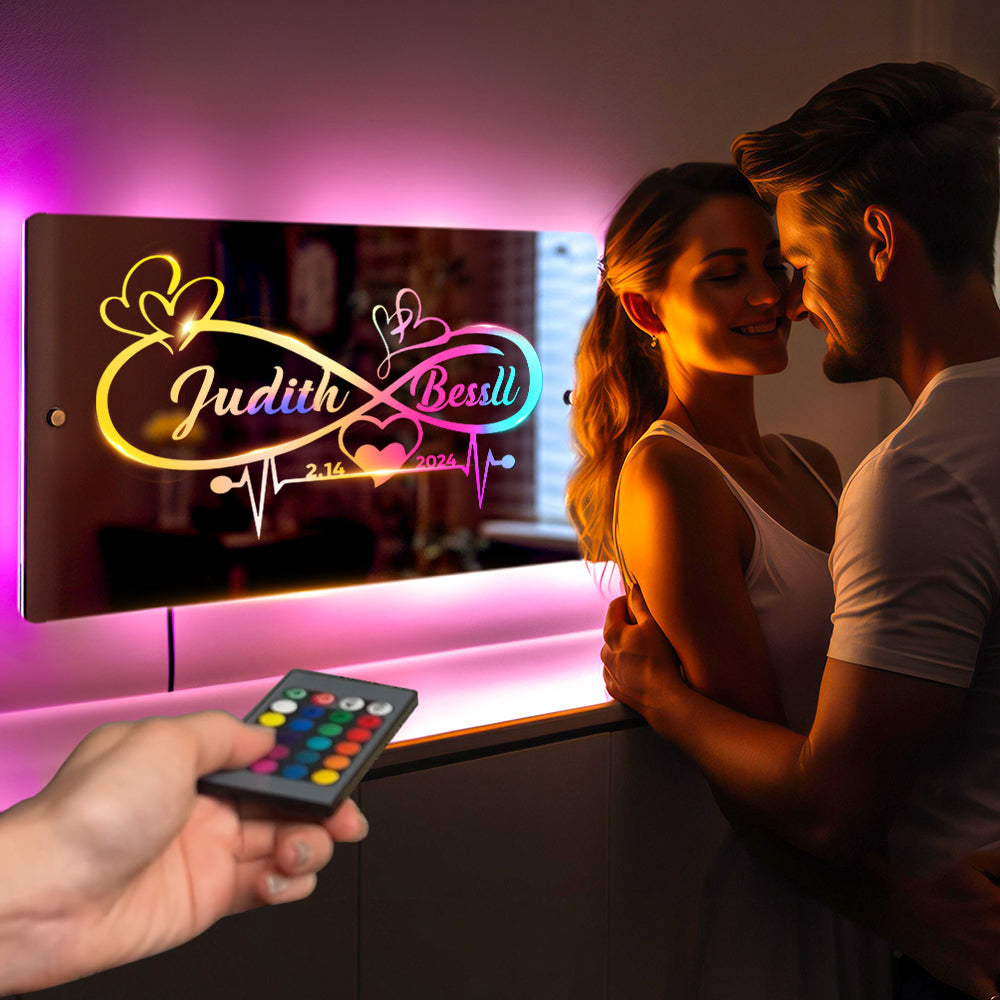 Personalized Name Mirror Light Infinity Heart Couple Gift Custom Mirror Neon Signs Wall Decor, Custom Name Sign for Bedroom Valentine's Day Gift