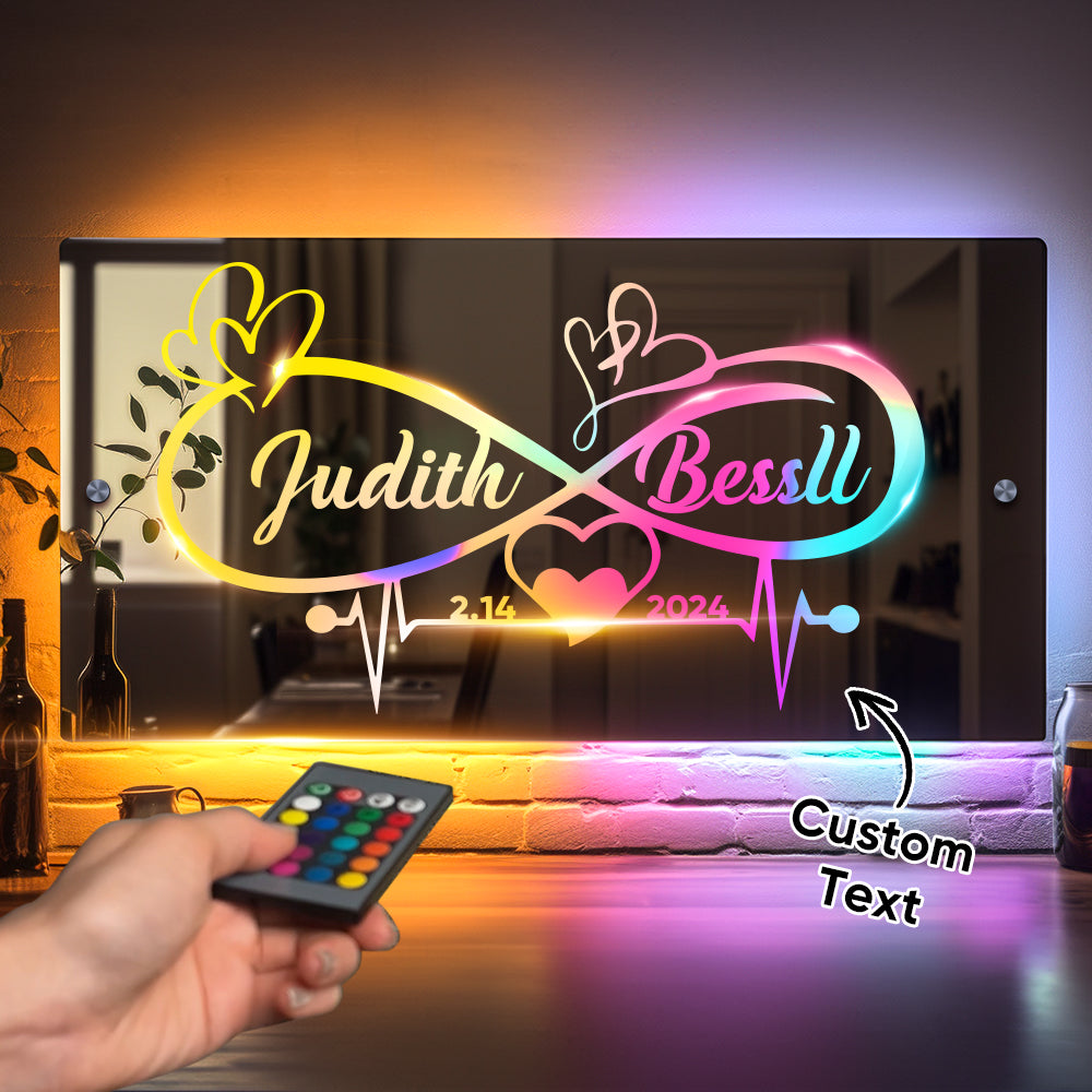 Personalized Name Mirror Light Infinity Heart Couple Gift Custom Mirror Neon Signs Wall Decor, Custom Name Sign for Bedroom Valentine's Day Gift