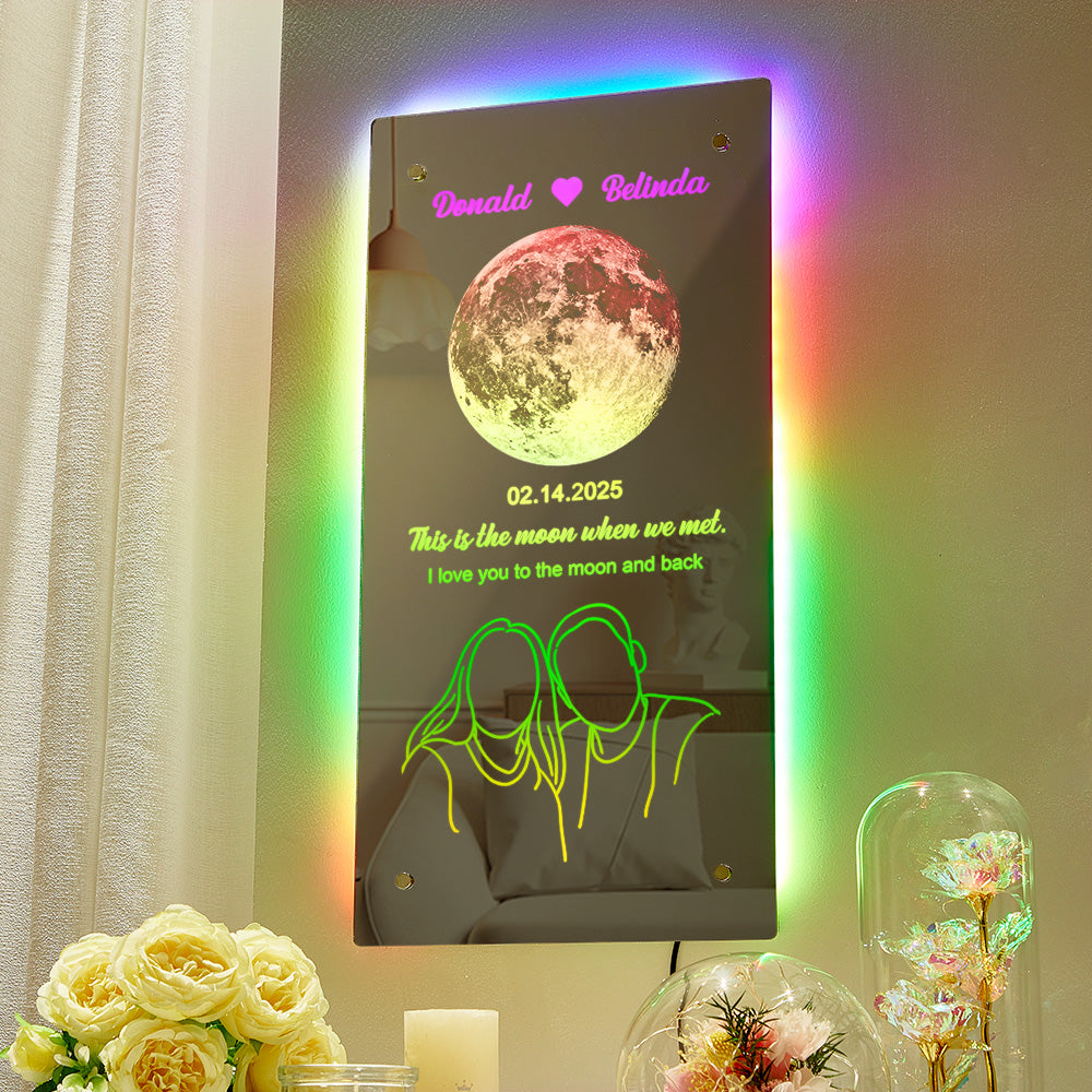 Custom Moon Phase with Silhouette Photo Mirror Light Anniversary Gift
